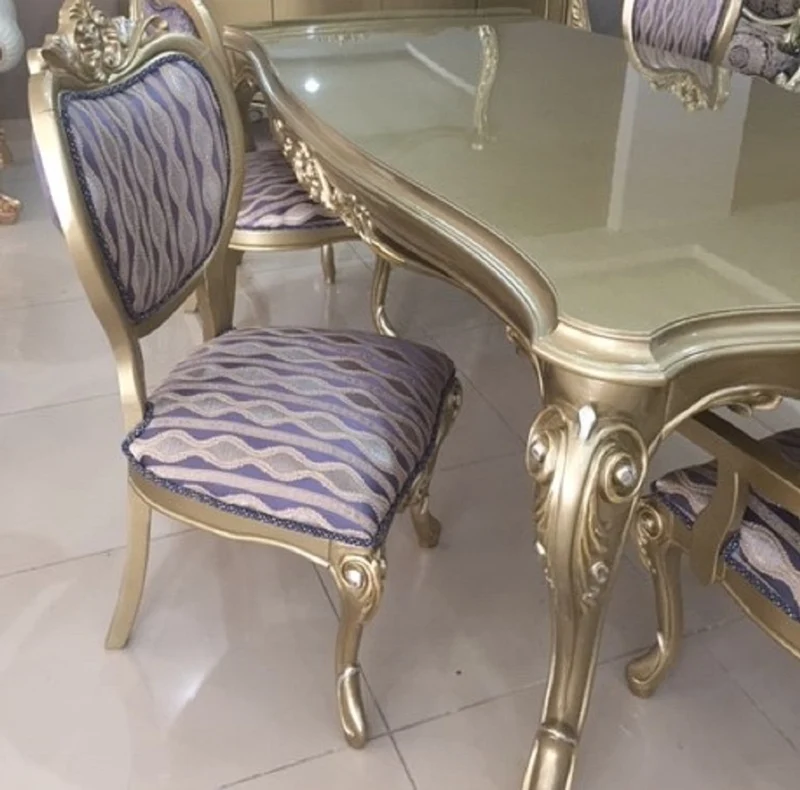 Casa Padrino Luxus Barock Esszimmer Set Blau / Gold / Silber - 1 Barock Esstisch & 6 Barock Esszimmerstühle - Luxus Esszimmer Möbel im Barockstil - Prunkvolle Barock Esszimmer Möbel