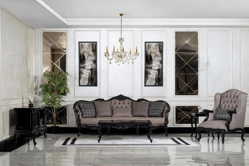 Casa Padrino Luxus Barock Wohnzimmer Sofa Grau / Schwarz - Prunkvolles Barockstil Sofa mit dekorativen Kissen - Luxus Wohnzimmer Möbel im Barockstil - Barock Möbel - Edel & Prunkvoll