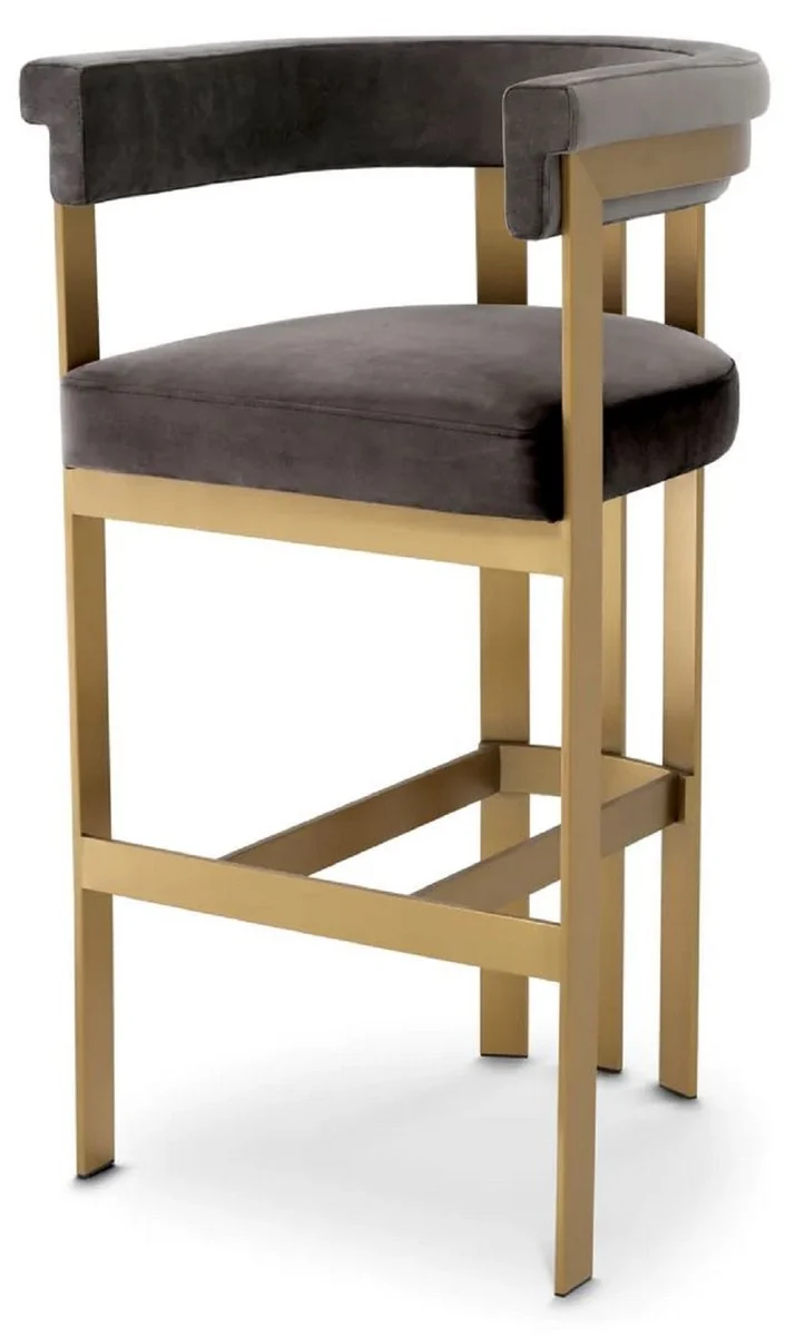 Casa Padrino Luxus Samt Barstuhl mit Armlehnen Grau / Messing 56 x 56 x H. 104 cm - Gepolsterter Barhocker - Bar Möbel - Luxus Möbel - Luxus Qualität