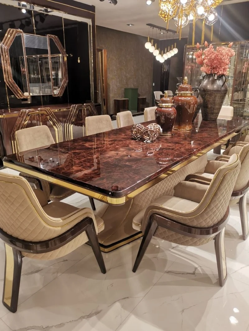 Casa Padrino Luxus Art Deco Esstisch Braun / Beige / Gold 226 x 112 x H. 70 cm - Massivholz Küchentisch mit Tischplatte in Marmoroptik - Esszimmer Möbel - Art Deco Möbel - Luxus Möbel