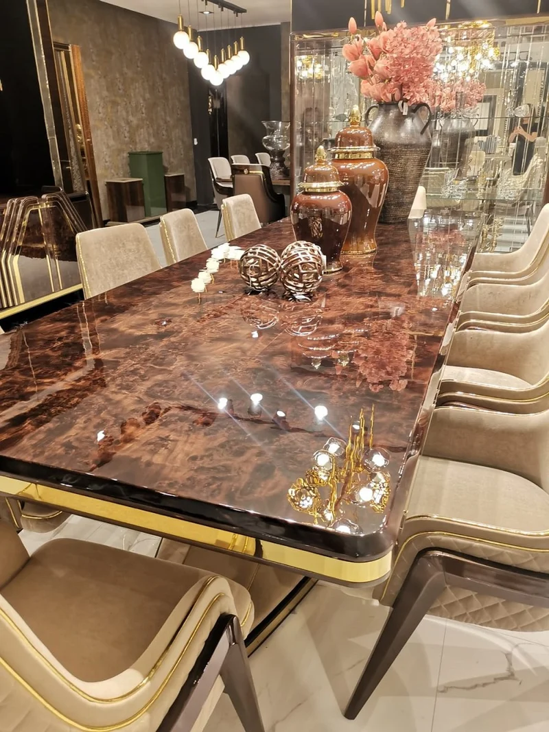 Casa Padrino Luxus Art Deco Esstisch Braun / Beige / Gold 226 x 112 x H. 70 cm - Massivholz Küchentisch mit Tischplatte in Marmoroptik - Esszimmer Möbel - Art Deco Möbel - Luxus Möbel