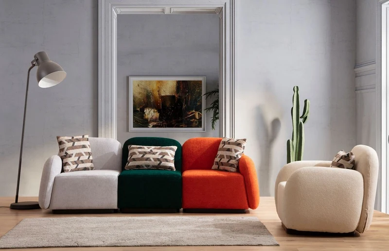 Casa Padrino Luxus 3er Sofa Grau / Grün / Orange / Schwarz 275 x 60 x H. 77 cm - Modulares 3 Teiliges Wohnzimmer Sofa - Hotel Sofa - Wohnzimmer Möbel - Hotel Möbel - Luxus Möbel