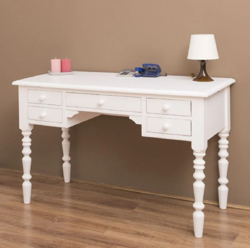 Casa Padrino Landhausstil Schreibtisch mit 5 Schubladen Weiß 130 x 65 x H. 83 cm - Massivholz Sekretär im Landhausstil - Büro Möbel - Massivholz Möbel - Landhausstil Möbel