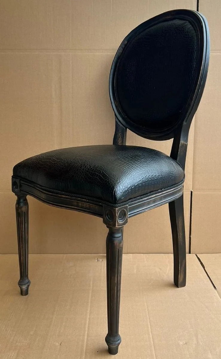 Casa Padrino Luxus Barock Esszimmer Stuhl Schwarz - Handgefertigter Antik Stil Stuhl mit edlem Kunstleder in Kroko Optik - Prunkvolle Esszimmer Möbel im Barockstil