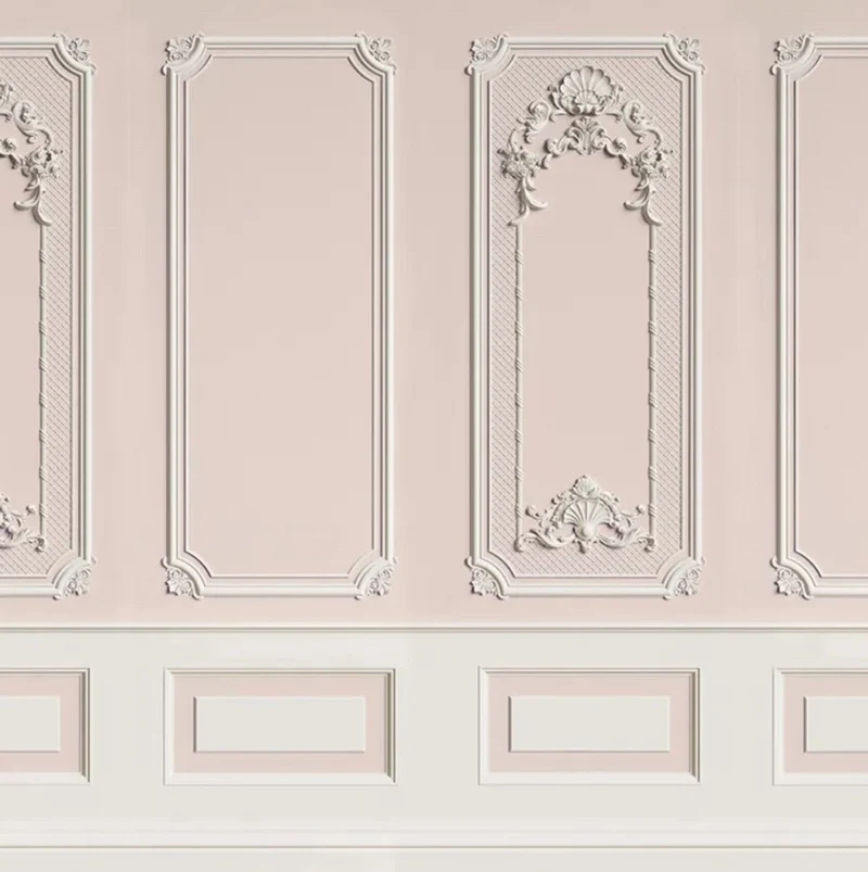 Casa Padrino Luxus Barock Vliestapete Rosa / Grau - Barockstil Wohnzimmer Tapete mit elegantem Stuck Muster - Wanddeko im Barockstil - Barock Tapeten - Tapeten im Barockstil - Barock Deko