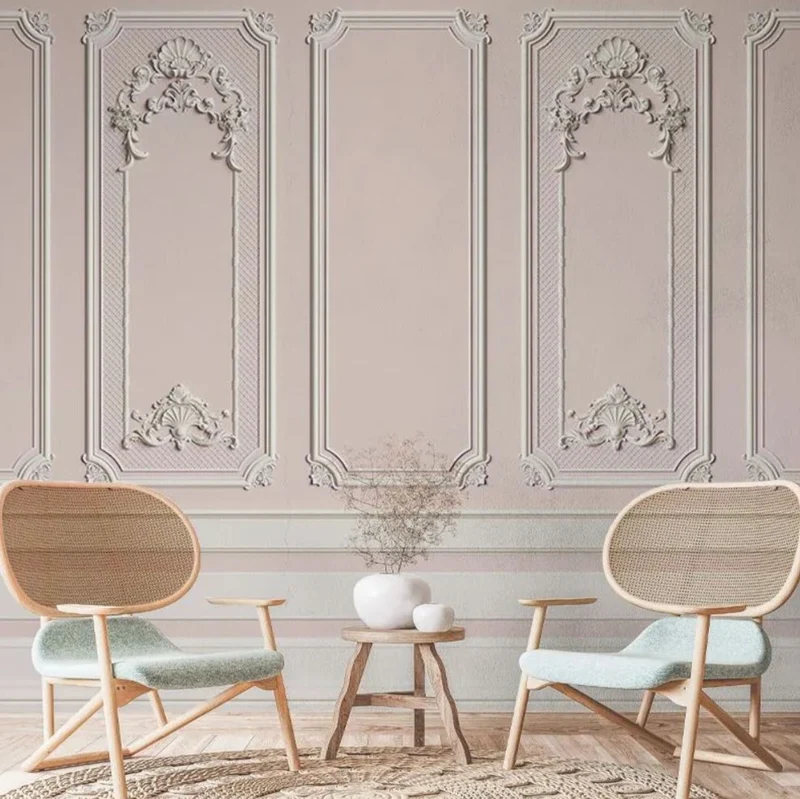 Casa Padrino Luxus Barock Vliestapete Rosa / Grau - Barockstil Wohnzimmer Tapete mit elegantem Stuck Muster - Wanddeko im Barockstil - Barock Tapeten - Tapeten im Barockstil - Barock Deko