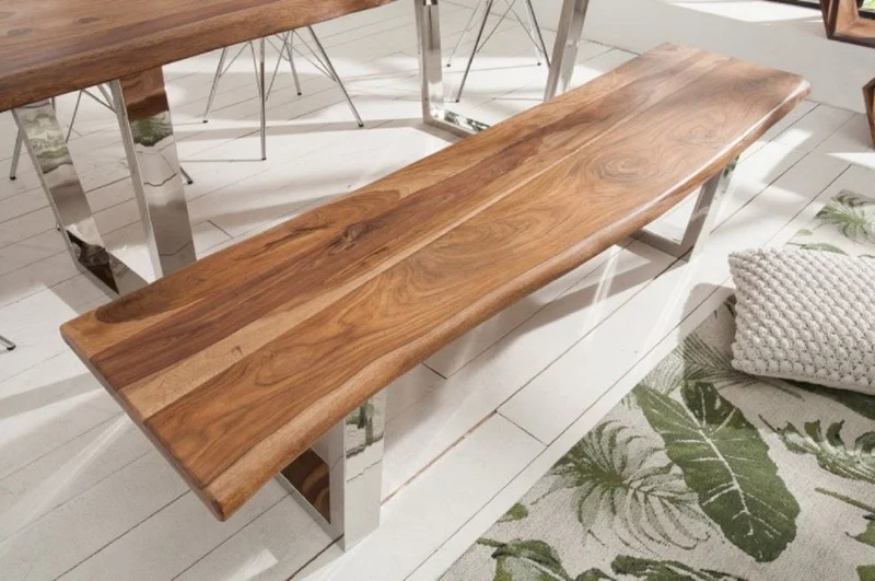 Casa Padrino Designer Sitzbank Braun / Silber 180 x 45 x H. 45 cm - Luxus Sitzbank mit massivem Sheesham Holz und polierten Edelstahl Beinen