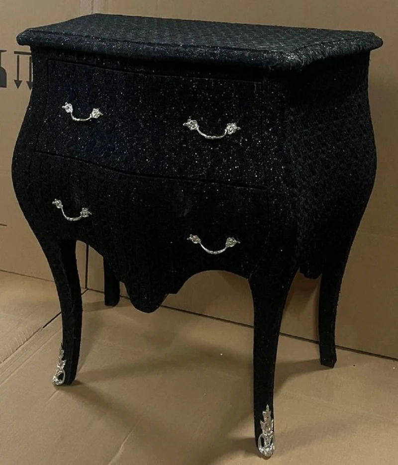Casa Padrino Barock Kommode Schwarz Glitzer Look / Silber - Handgefertigte Barockstil Nachtkommode mit 2 Schubladen - Barock Möbel - Schlafzimmer Möbel im Barockstil