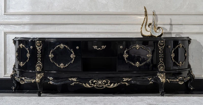Casa Padrino Luxus Barock TV Schrank Schwarz / Gold - Prunkvolles Massivholz Sideboard mit 4 Türen und Schublade - Wohnzimmer Möbel im Barockstil - Barock Möbel - Edel & Prunkvoll