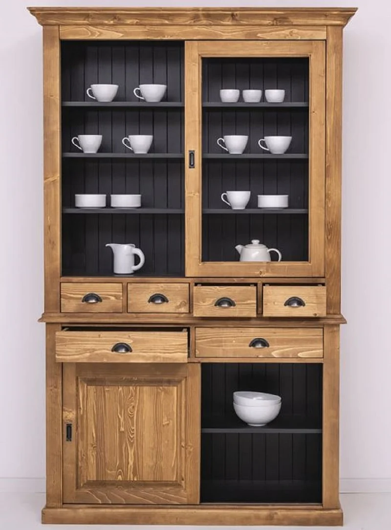 Casa Padrino Landhausstil Esszimmerschrank Braun / schwarz 142 x 48 x H. 225 cm - Massivholz Küchenschrank - Landhausstil Esszimmer Möbel