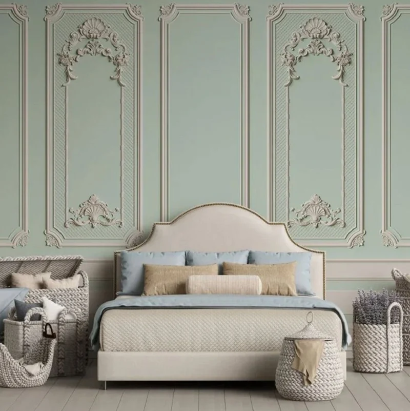 Casa Padrino Luxus Barock Vliestapete Mintgrün / Grau - Barockstil Wohnzimmer Tapete mit elegantem Stuck Muster - Wanddeko im Barockstil - Barock Tapeten - Tapeten im Barockstil