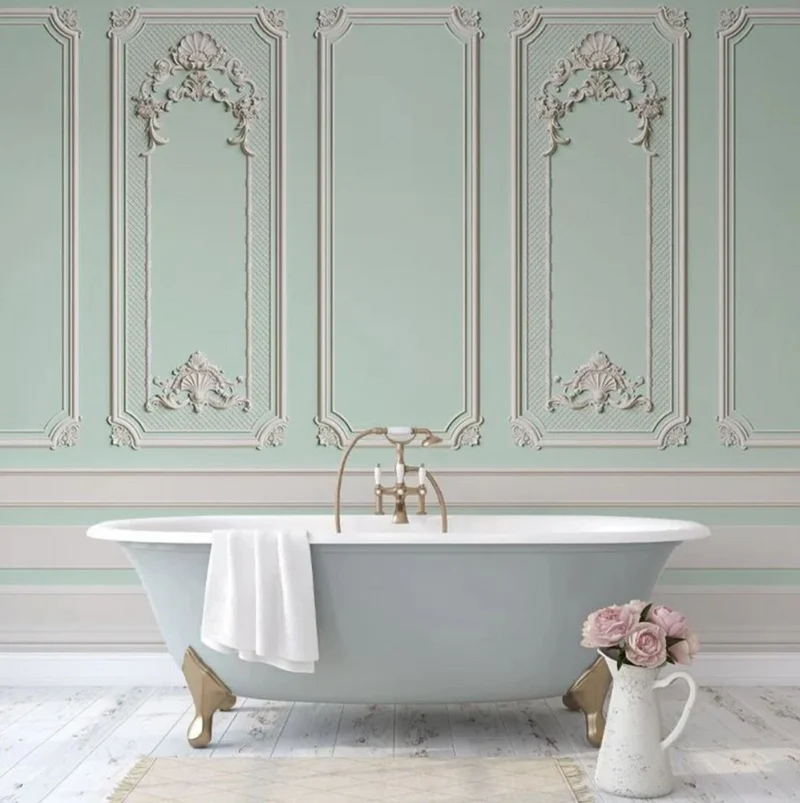 Casa Padrino Luxus Barock Vliestapete Mintgrün / Grau - Barockstil Wohnzimmer Tapete mit elegantem Stuck Muster - Wanddeko im Barockstil - Barock Tapeten - Tapeten im Barockstil
