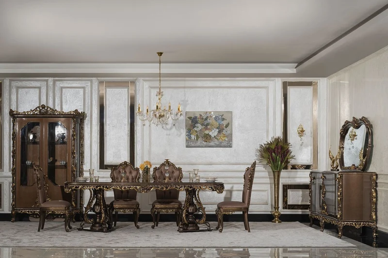 Casa Padrino Luxus Barock Esstisch Grau / Braun / Gold - Prunkvoller Barockstil Küchentisch - Luxus Esszimmer Möbel im Barockstil - Barock Esszimmer Möbel - Barock Einrichtung