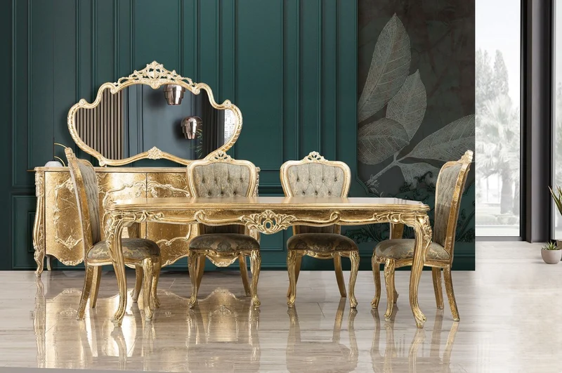 Casa Padrino Luxus Barock Esszimmer Stuhl 8er Set Grün / Antik Gold - Prunkvolle Barockstil Küchen Stühle - Luxus Barockstil Esszimmer Möbel - Barock Esszimmer Möbel - Barockstil Möbel