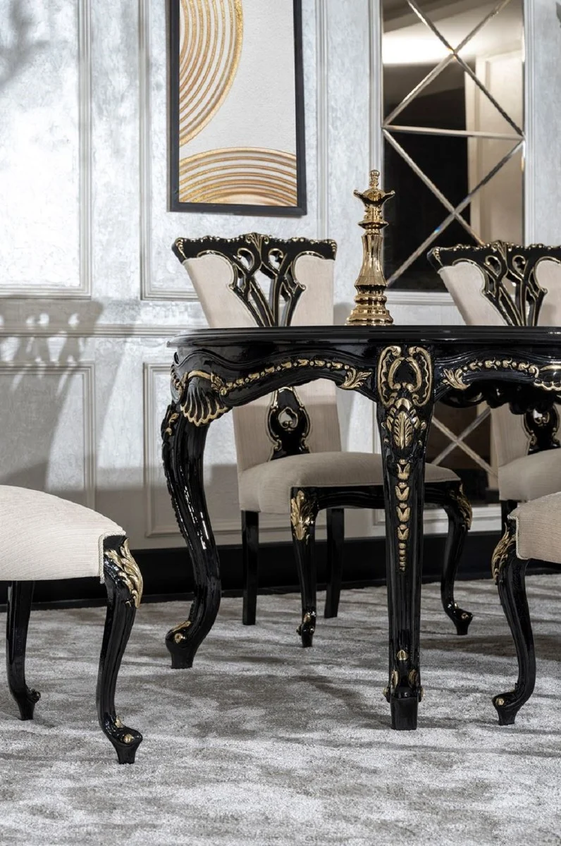 Casa Padrino Luxus Barock Esszimmer Stuhl Creme / Schwarz / Gold - Prunkvoller Barockstil Küchen Stuhl - Luxus Esszimmer Möbel im Barockstil - Barock Möbel - Edel & Prunkvoll