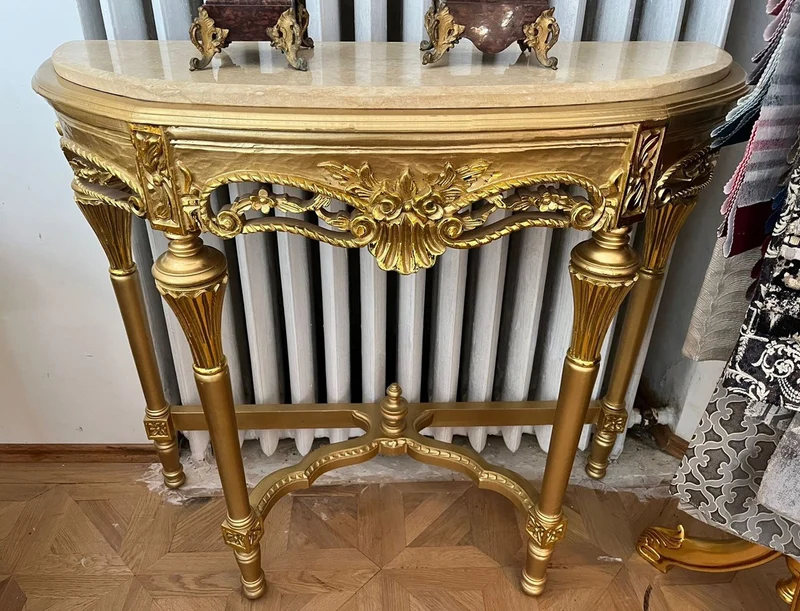 Casa Padrino Barock Konsole Gold / Creme - Handgefertigter Massivholz Konsolentisch mit Marmorplatte - Antik Stil Konsole - Antik Stil Möbel - Barock Möbel - Edel & Prunkvoll