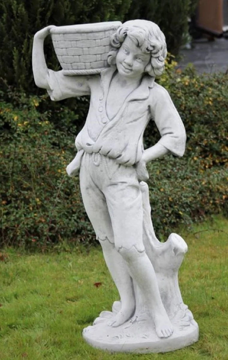 Casa Padrino Jugendstil Skulptur Junge mit Blumentopf Grau 50 x 40 x H. 67 cm - Elegante Garten Deko Stein Figur mit Pflanzentopf - Barock & Jugendstil Garten Deko Accessoires