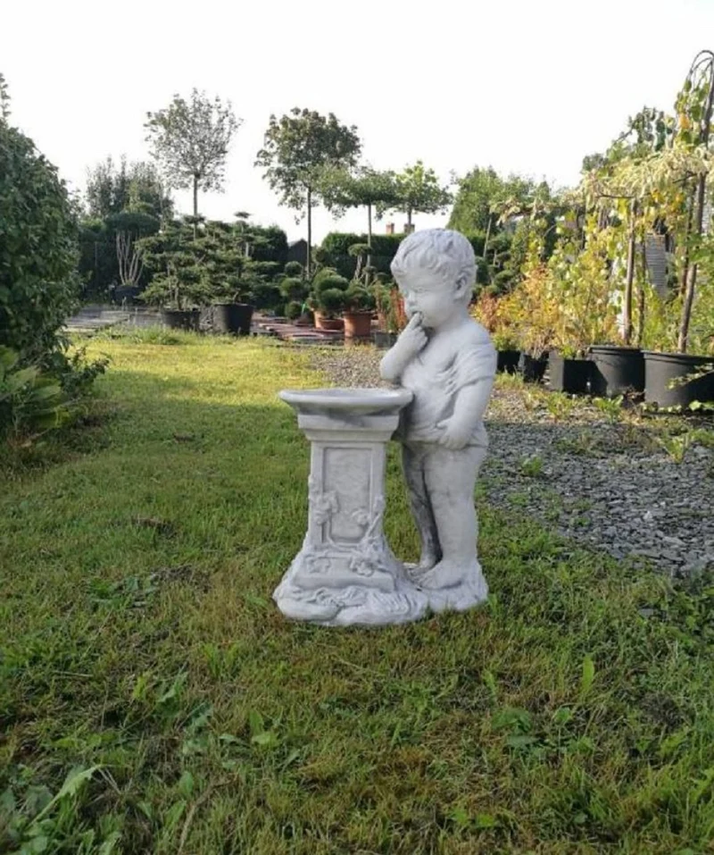 Casa Padrino Jugendstil Skulptur Junge mit Vogeltränke Grau H. 50 cm - Elegante Garten Deko Stein Figur - Barock & Jugendstil Garten Deko Accessoires