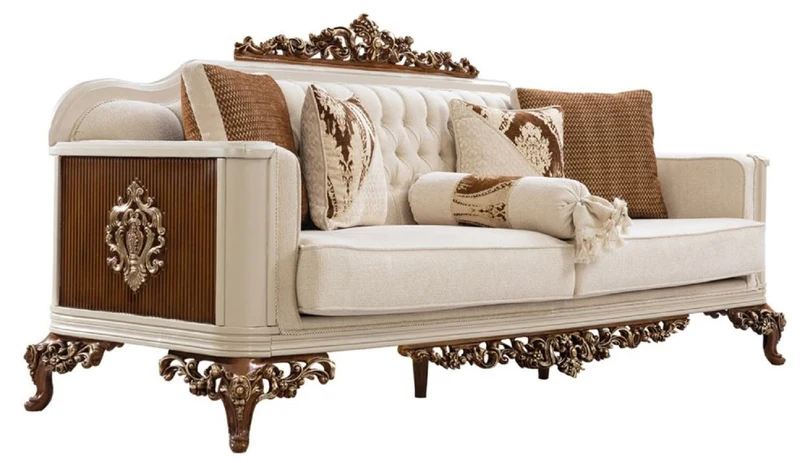 Casa Padrino Luxus Barock Wohnzimmer Set Beige / Grau / Braun / Gold - 2 Sofas & 2 Sessel & 1 Couchtisch - Handgefertigte Wohnzimmer Möbel im Barockstil - Edel & Prunkvoll
