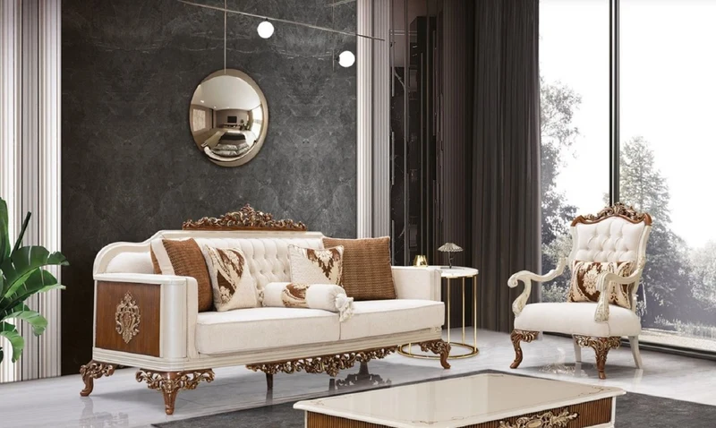Casa Padrino Luxus Barock Wohnzimmer Set Beige / Grau / Braun / Gold - 2 Sofas & 2 Sessel & 1 Couchtisch - Handgefertigte Wohnzimmer Möbel im Barockstil - Edel & Prunkvoll