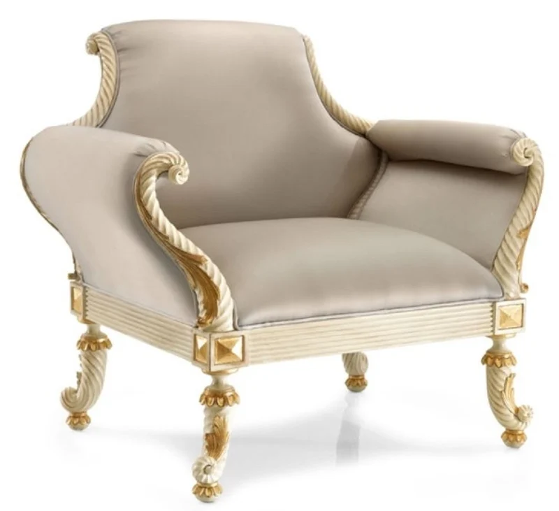 Casa Padrino Luxus Barock Sessel Grau / Cremeweiß / Gold - Handgefertigter Barockstil Wohnzimmer Sessel - Luxus Wohnzimmer Möbel im Barockstil - Luxus Qualität - Made in Italy