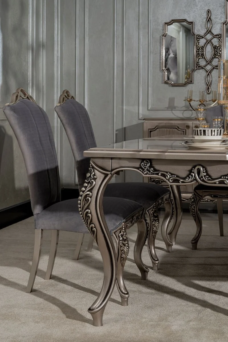 Casa Padrino Luxus Barock Esszimmer Stuhl 6er Set Grau / Silber - Prunkvolle Barockstil Küchen Stühle - Luxus Esszimmer Möbel im Barockstil - Barock Esszimmer Möbel - Barockstil Möbel