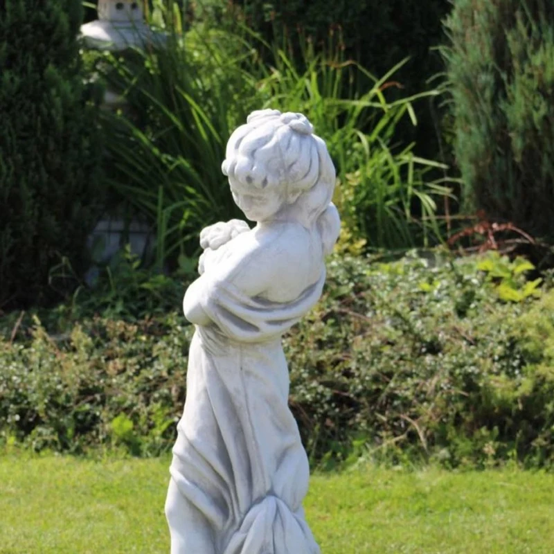 Casa Padrino Jugendstil Garten Deko Skulptur Dame mit Blumenstrauß Grau 31 x 31 x H. 122 cm - Elegante Garten Deko Stein Figur - Barock & Jugendstil Garten Deko Accessoires