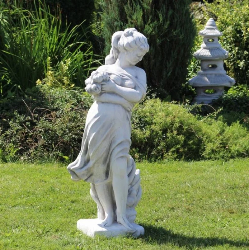 Casa Padrino Jugendstil Garten Deko Skulptur Dame mit Blumenstrauß Grau 31 x 31 x H. 122 cm - Elegante Garten Deko Stein Figur - Barock & Jugendstil Garten Deko Accessoires