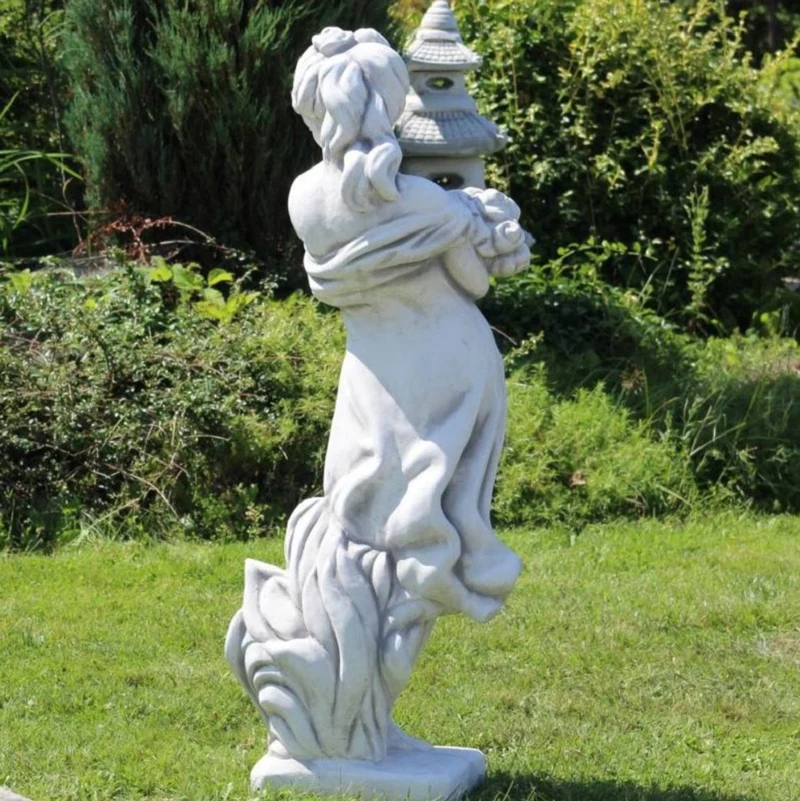 Casa Padrino Jugendstil Garten Deko Skulptur Dame mit Blumenstrauß Grau 31 x 31 x H. 122 cm - Elegante Garten Deko Stein Figur - Barock & Jugendstil Garten Deko Accessoires