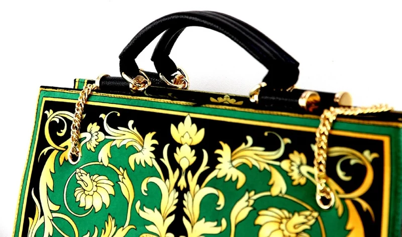 Pompöös by Casa Padrino Damen Luxus Handtaschen Set Baroque Flowers mit Krone und Strass Steine Grün / Schwarz / Gold - Pompööse Damen Handtaschen designed by Harald Glööckler