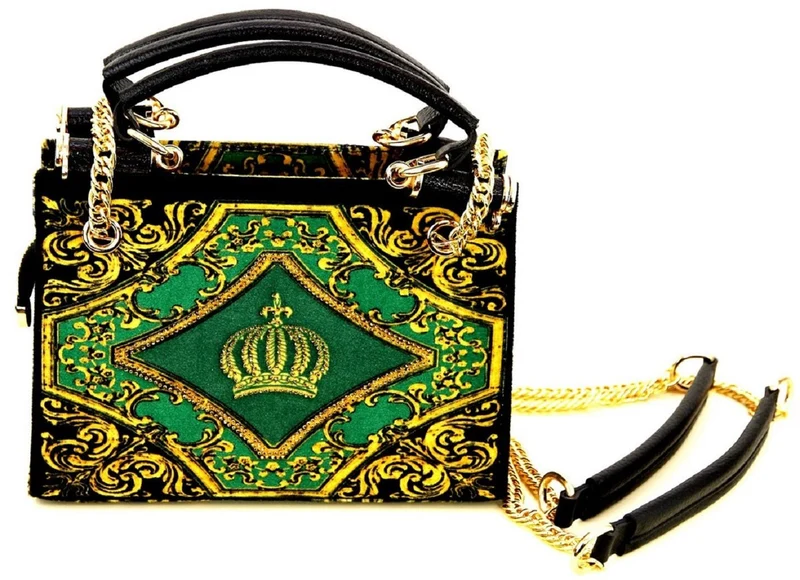 Pompöös by Casa Padrino Damen Luxus Handtaschen Set Baroque Flowers mit Krone und Strass Steine Grün / Schwarz / Gold - Pompööse Damen Handtaschen designed by Harald Glööckler