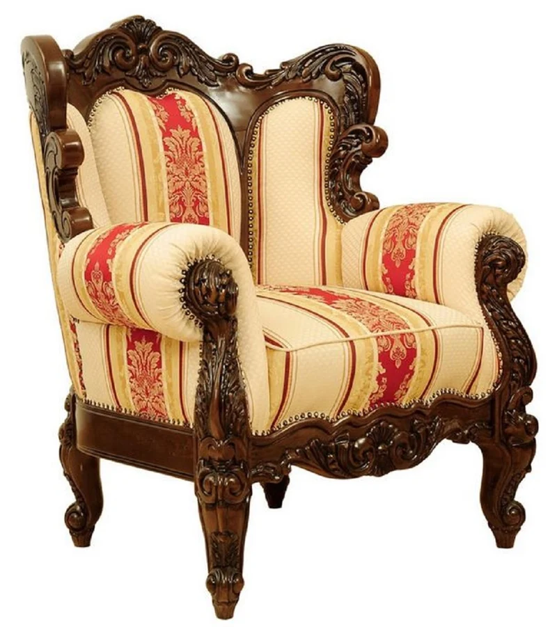 Casa Padrino Luxus Barock Sessel mit Streifen Creme / Gelb / Rot / Dunkelbraun - Gestreifter Wohnzimmer Sessel im Barockstil - Barock Wohnzimmer Möbel - Edel & Prunkvoll