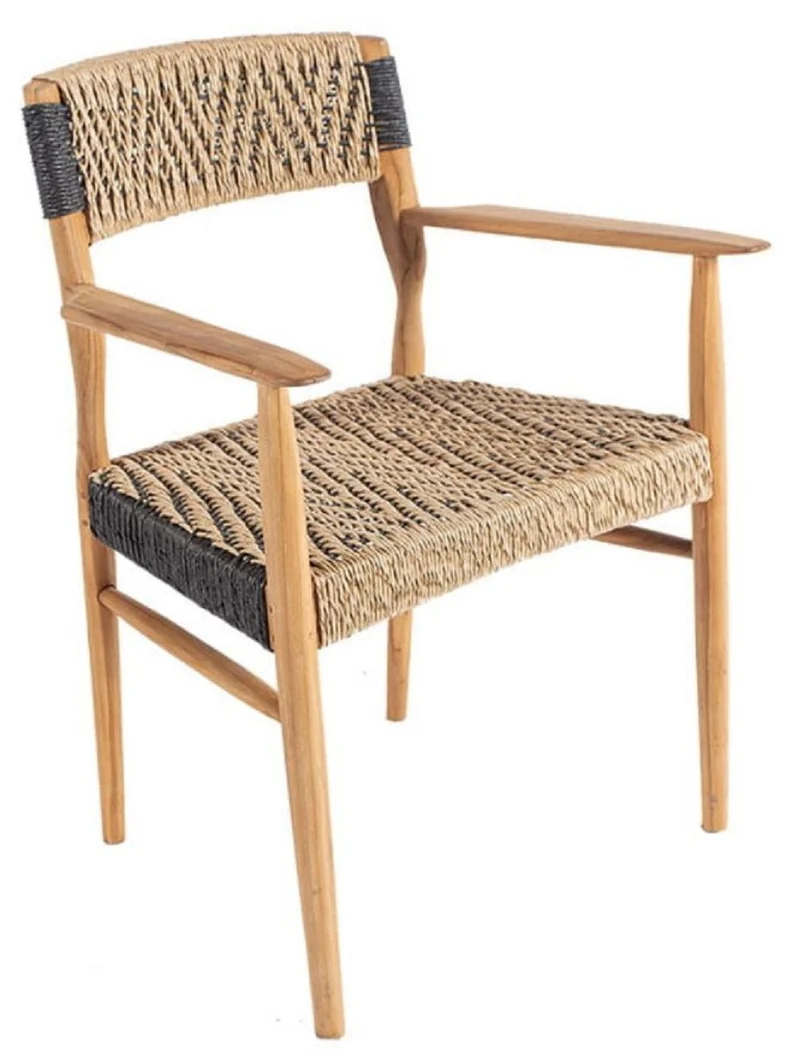 Casa Padrino Luxus Esszimmer Stuhl mit Armlehnen Naturfarben / Schwarz 58 x 55 x H. 80 cm - Luxus Massivholz Garten Stuhl mit edlem Rattangeflecht - Luxus Esszimmer Möbel - Garten Rattan Möbel