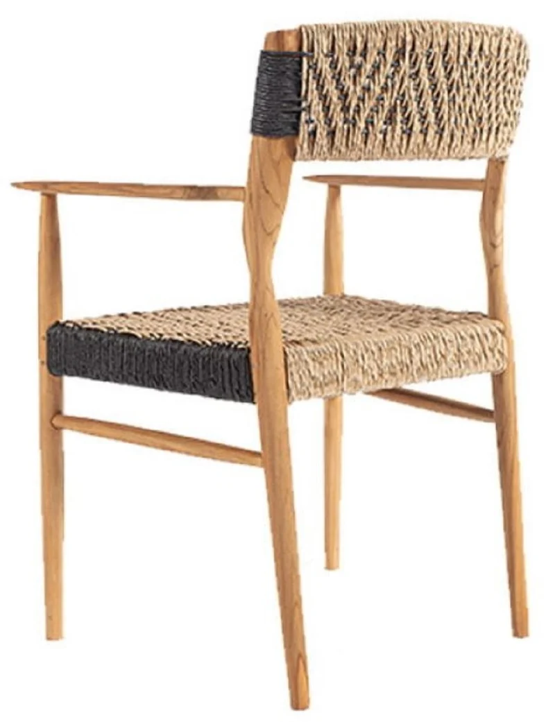 Casa Padrino Luxus Esszimmer Stuhl mit Armlehnen Naturfarben / Schwarz 58 x 55 x H. 80 cm - Luxus Massivholz Garten Stuhl mit edlem Rattangeflecht - Luxus Esszimmer Möbel - Garten Rattan Möbel