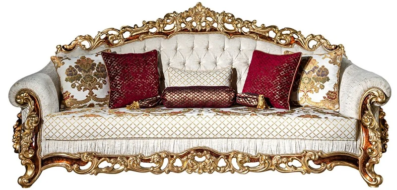 Casa Padrino Luxus Barock Sofa Weiß / Gold / Braun / Gold - Prunkvolles Wohnzimmer Sofa mit dekorativen Kissen - Barock Möbel