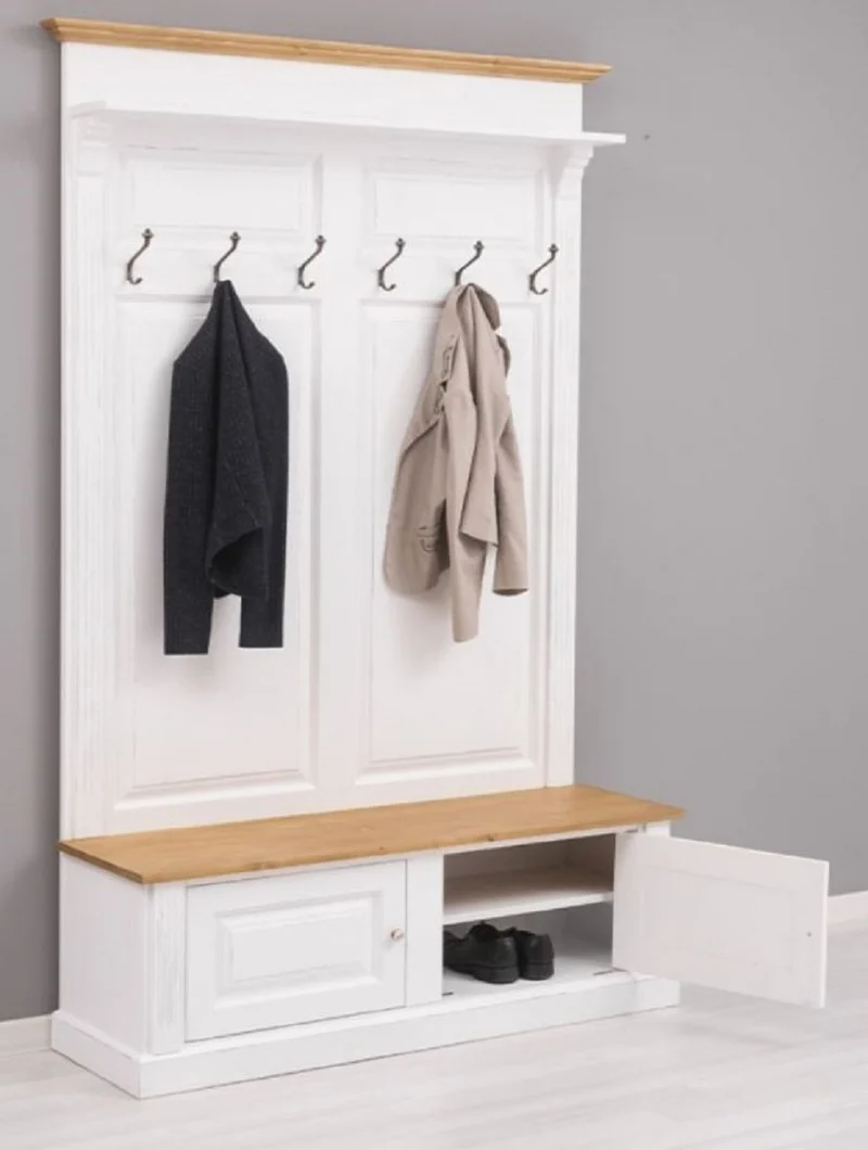Casa Padrino Landhausstil Massivholz Garderobenschrank Weiß / Naturfarben 140 x 41 x H. 210 cm - Wand Garderobe - Flur Schrank - Flurmöbel - Garderobenmöbel - Landhausstil Möbel