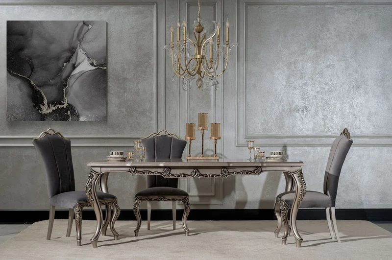 Casa Padrino Luxus Barock Esszimmer Stuhl 4er Set Grau / Silber - Prunkvolle Barockstil Küchen Stühle - Luxus Esszimmer Möbel im Barockstil - Barock Esszimmer Möbel - Barockstil Möbel