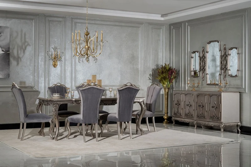 Casa Padrino Luxus Barock Esszimmer Stuhl 4er Set Grau / Silber - Prunkvolle Barockstil Küchen Stühle - Luxus Esszimmer Möbel im Barockstil - Barock Esszimmer Möbel - Barockstil Möbel