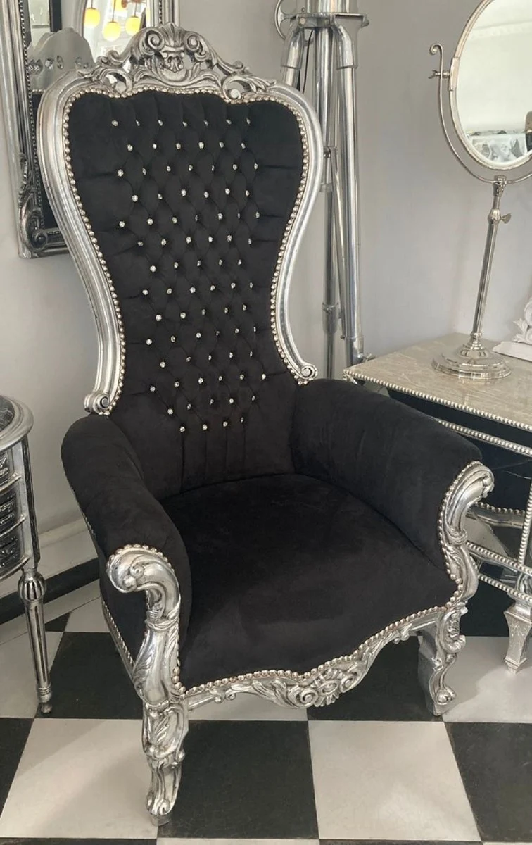 Casa Padrino Barock Thron Sessel mit edlem Samtstoff und Glitzersteinen Schwarz / Silber - Prunkvoller Barockstil Königssessel - Barockstil Hochzeitssessel - Barockstil Riesensessel - Barock Möbel