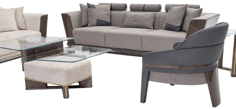 Casa Padrino Luxus Sofa Grau / Blau / Gold 280 x 98 x H. 85 cm - Wohnzimmer Sofa - Hotel Sofa - Wohnzimmer Möbel - Wohnzimmer Einrichtung - Hotel Möbel - Luxus Möbel - Luxus Einrichtung