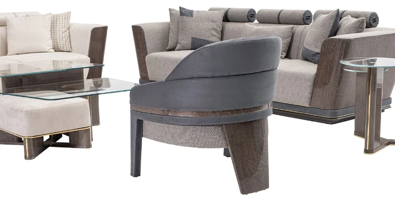 Casa Padrino Luxus Sofa Grau / Blau / Gold 280 x 98 x H. 85 cm - Wohnzimmer Sofa - Hotel Sofa - Wohnzimmer Möbel - Wohnzimmer Einrichtung - Hotel Möbel - Luxus Möbel - Luxus Einrichtung