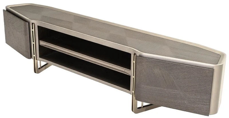 Casa Padrino Luxus TV Schrank Grau / Silber 250 x 50 x H. 55 cm - Massivholz Sideboard mit 2 Türen - Wohnzimmer Möbel - Luxus Möbel - Luxus Einrichtung