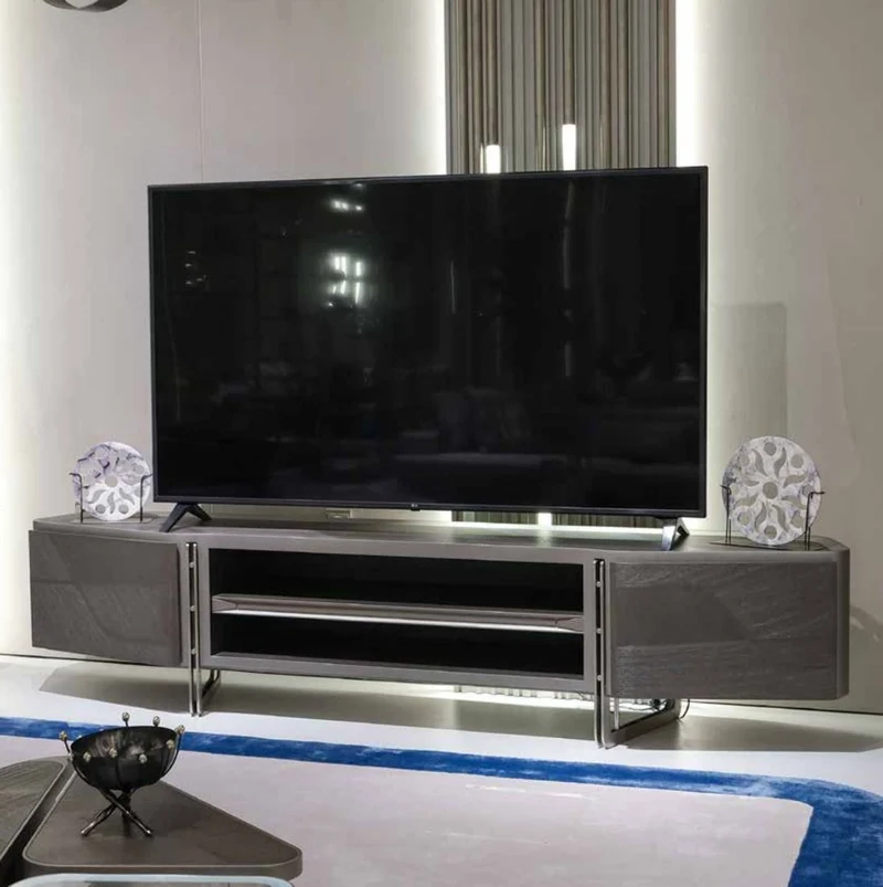 Casa Padrino Luxus TV Schrank Grau / Silber 250 x 50 x H. 55 cm - Massivholz Sideboard mit 2 Türen - Wohnzimmer Möbel - Luxus Möbel - Luxus Einrichtung