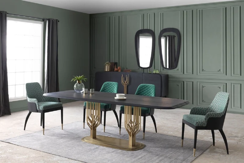 Casa Padrino Luxus Esszimmer Set Grün Muster / Schwarz / Messing - 1 Luxus Esstisch & 8 Luxus Esszimmerstühle - Esszimmer Möbel - Luxus Möbel - Luxus Kollektion