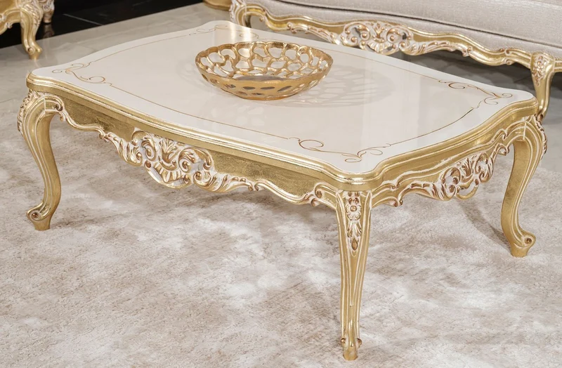 Casa Padrino Luxus Barock Couchtisch Gold / Creme / Weiß - Handgefertigter Massivholz Wohnzimmertisch im Barockstil - Luxus Wohnzimmer Möbel im Barockstil - Barock Möbel - Edel & Prunkvoll