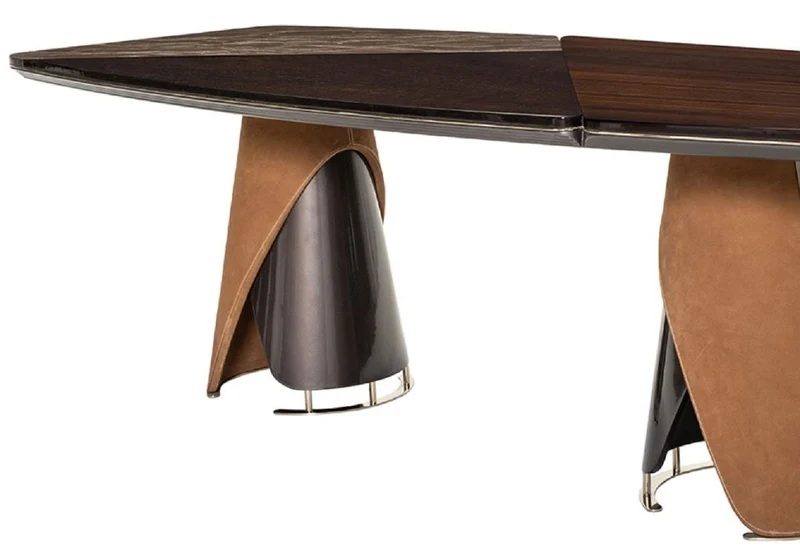 Casa Padrino Luxus Esstisch Dunkelbraun / Grau / Hellbraun / Gold 240 x 113 x H. 79,5 cm - Massivholz Esszimmertisch mit Tischplatte in Marmoroptik - Esszimmer Möbel - Luxus Möbel