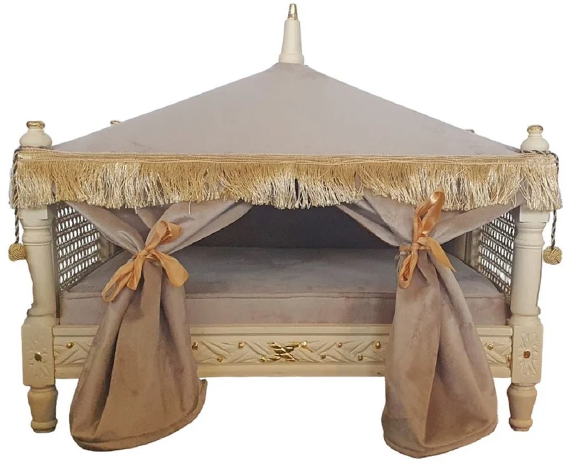 Casa Padrino Barock Hundebett Grau / Creme / Gold - Handgefertigtes Antik Stil Hundebett - Prunkvolle Hunde Möbel im Barockstil - Antik Stil Tiermöbel - Barock Tiermöbel