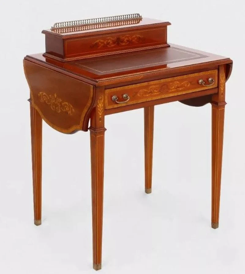Casa Padrino Luxus Barock Schreibtisch Hellbraun / Echtleder Braun ausklappbar 104 x 49 x H. 80 cm - Massivholz Antik Stil Sekretär mit Schublade