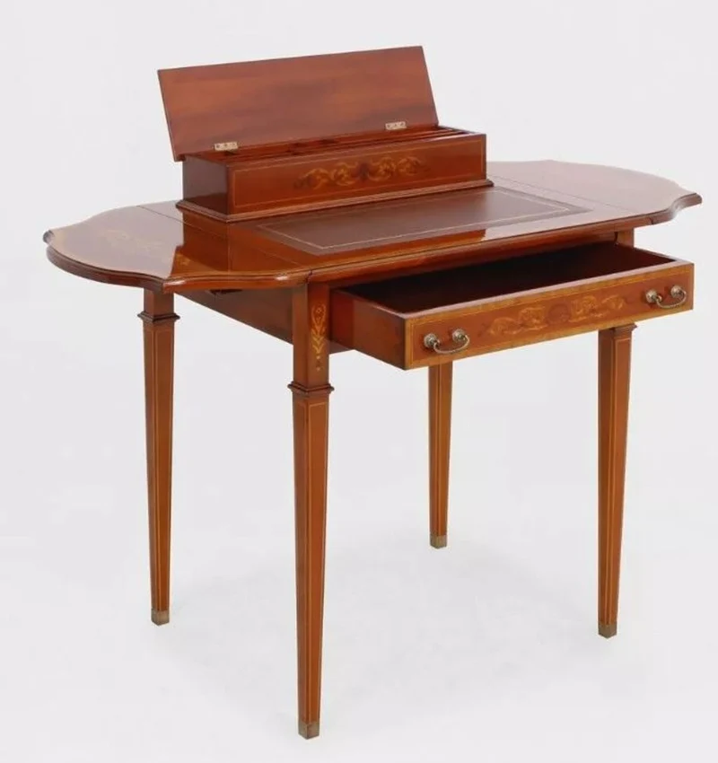 Casa Padrino Luxus Barock Schreibtisch Hellbraun / Echtleder Braun ausklappbar 104 x 49 x H. 80 cm - Massivholz Antik Stil Sekretär mit Schublade