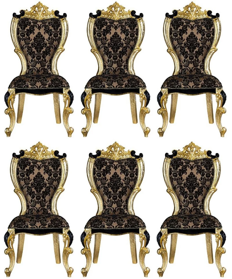 Casa Padrino Luxus Barock Esszimmer Stuhl Set mit elegantem Muster Braun / Schwarz / Gold 60 x 65 x H. 120 cm - Küchen Stühle 6er Set im Barockstil - Barock Esszimmer Möbel